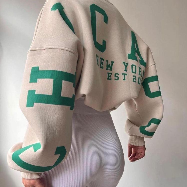 2023 Women's Loose Round Neck Casual Sweatshirt Thick Versatile Letter Print