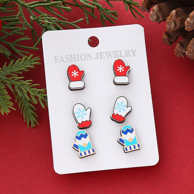Hot Sale New Christmas Series Wooden Earrings Christmas Tree Bells Snowman Stud Earrings Set
