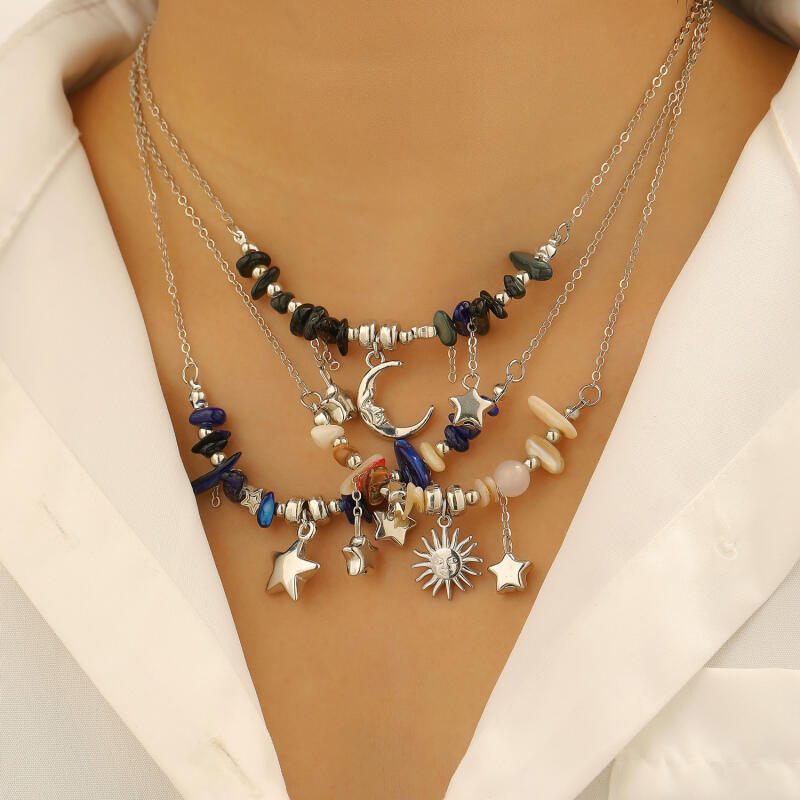 Boho Multicolored Stones Beaded Necklaces for Women Ladies Vintage Metal Star Moon Sun Pendant Necklaces Vacation Jewelry Gifts