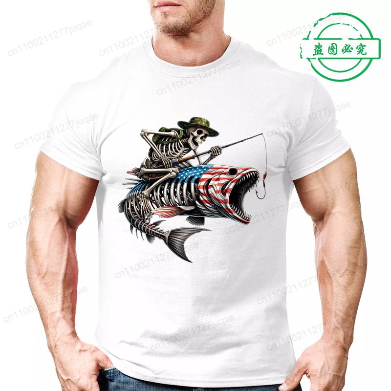 Herren Sommer T-Shirts Lockere Größe Angeln Jäger Print Lässig Bequem Rundhals Kurzarm T-Shirt Fischskelett Herren Top