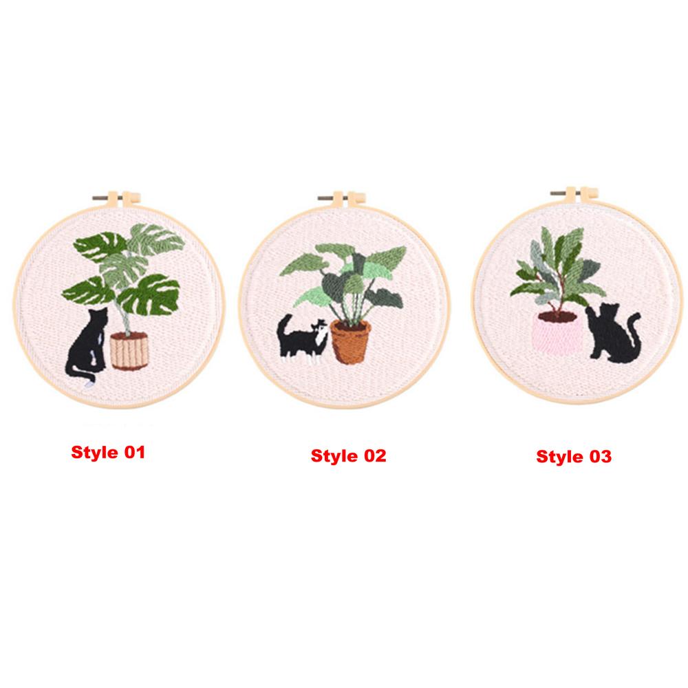 Cartoon Cat & Green Plant - Embroidery Starter Kits with Embroidery Hoops, Punch Needle Fabric with Pattern, Punch Needle Kit for Craft Lovers