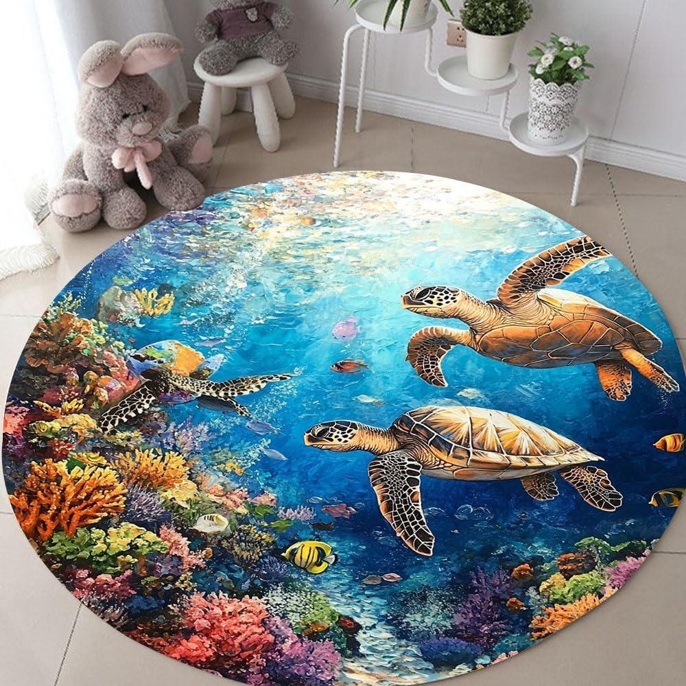 Unterwasserwelt Runder Teppich Meeresschildkröten Korallen Fischdruck Fußmatte Rutschfest Saugfähig Heimdekor Teppich für Kinderzimmer Wohnzimmer