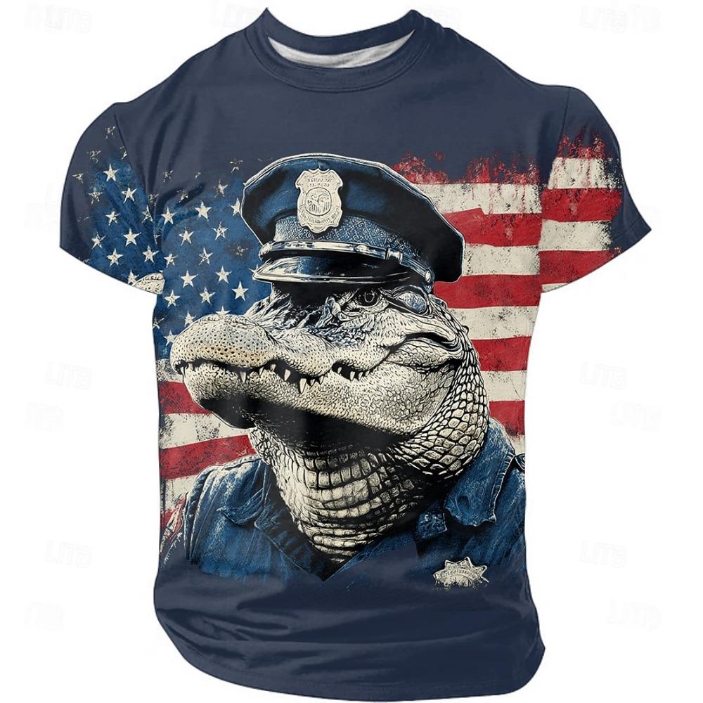 Men s Crocodile 3D USA T Shirt Short Sleeve T shirt 3D Print Crew Neck Shirt Fashion Exaggerated Daily Party Street Casual Black Red Blue XL 890₽