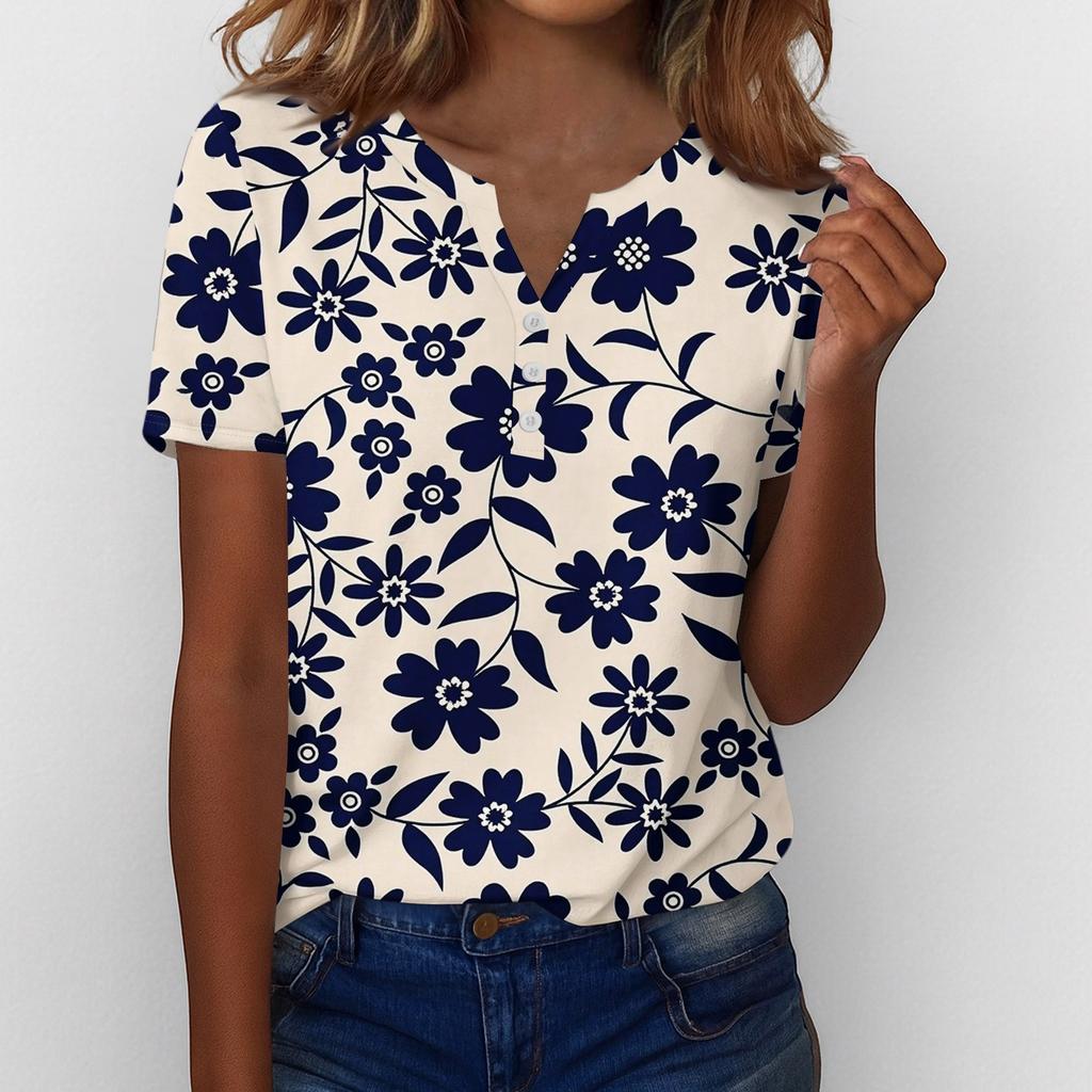 Women’s Short Sleeve V Neck Blouse with Button Floral Print Casual Loose Fit Lightweight Top Shirt