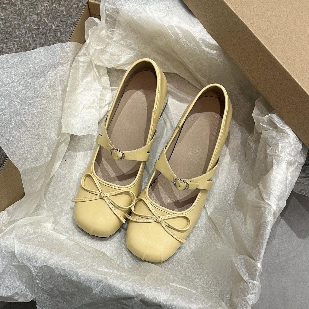 Bow Word with Mary Jane Shoes Thick Heel Light Mouth Single Shoes Versatile Gentle Ballet Shoes