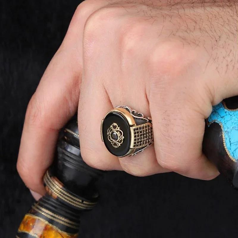 New Retro Handmade Turkish Rings for Men Vintage Double Swords Black Zircon Rings Punk  Trendy Islamic Religious Muslim