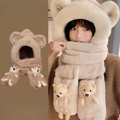 Bärenmütze Winter Herbst Winter Süße Handschuhe Schal Plüsch Warm Dreiteiliges Set Lätzchen Kapuzen Ohrenschutz
