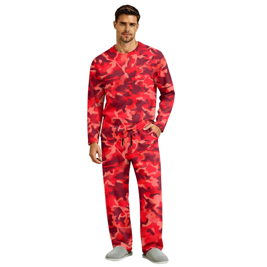 Men's Long Sleeve Pajama Set with Button Crotch and Elastic Drawstring Waist Pants for Home Loungewear