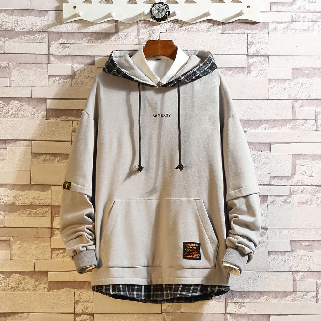 Men's Casual Fashion Plaid Patchwork Hoodie Long Sleeves Sweatershirt Tops