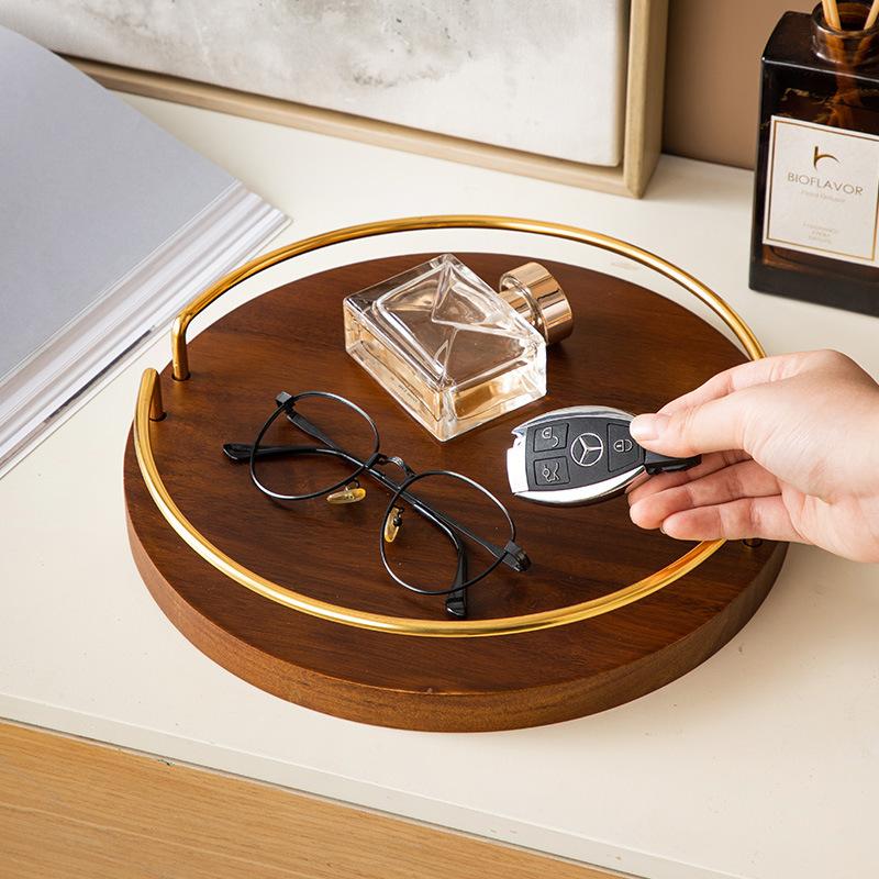 BEPAN Metal Acacia Wood Circular Storage Plate Solid Wood Desktop Dessert Plate Fruit Tea Tray Cup Holder