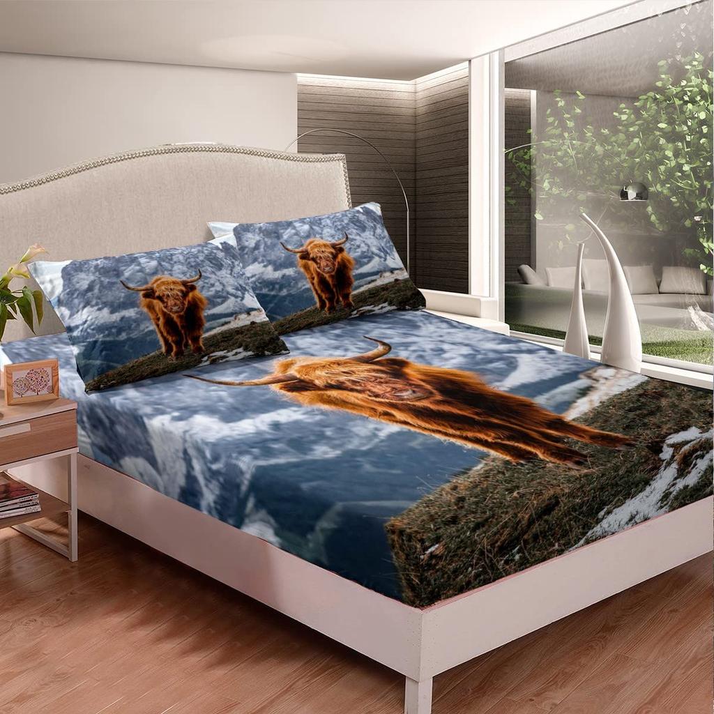 Highland Cow Fitted Sheet,Bull Cattle Bedding Set Yellow Sunflower Print Fitted Bed Sheets Western Farmhouse Theme Cow Bed Decor