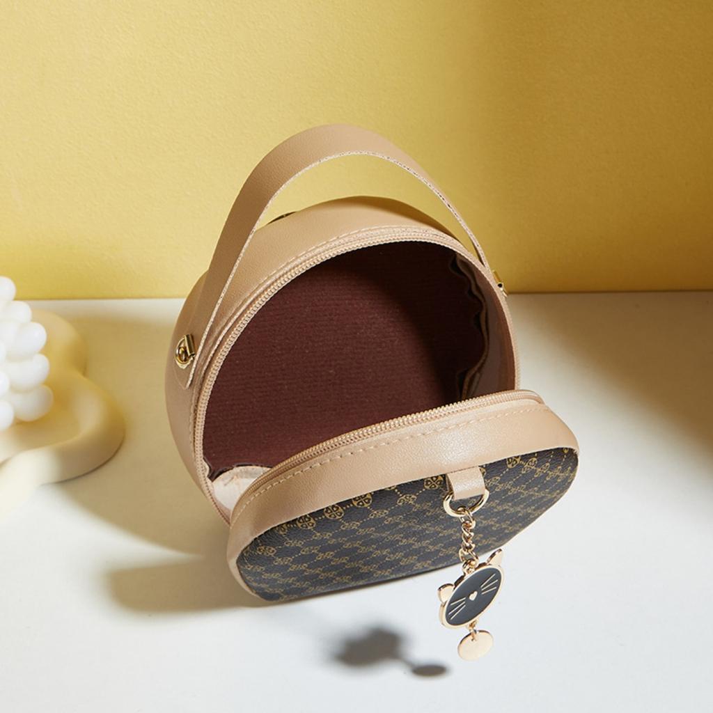 Ladies' Fashionable Black Round Shoulder Bag with Gold Accents and Decorations - A Compact Synthetic Leather Mobile Wallet Suitable for Daily Use