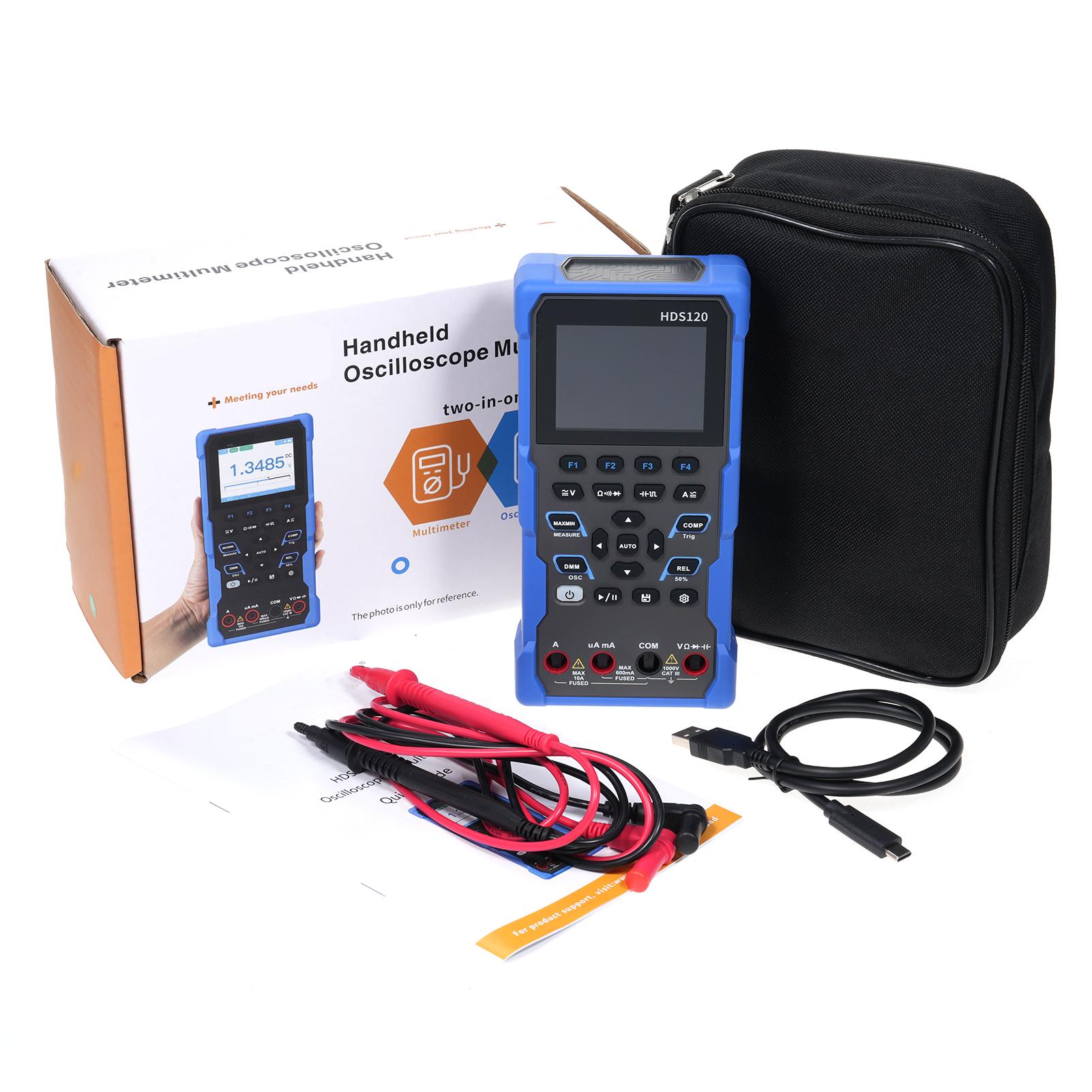 

HDS120 Осцилограф 2 в 1 + 4½-розрядний мультиметр 2,8-дюймовий IPS-екран Повнофункціональна клавіатура Форма сигналу Автоматичне вимірювання синій