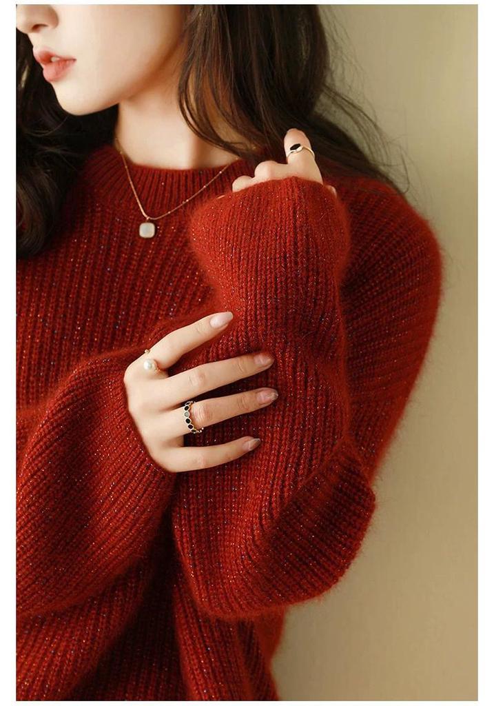 Women's Red Year of the Rat Retro Sweater - Loose, Round Neck Wool Knitwear for Autumn/Winter