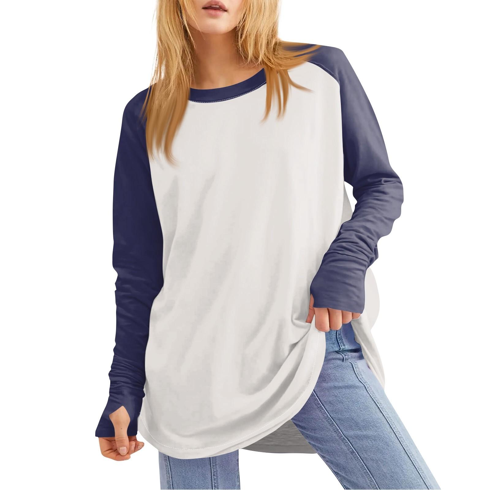 

Женская свободная футболка с круглым вырезом и длинными рукавами средней длины с дырявым большим пальцем, топ S тёмно-синий