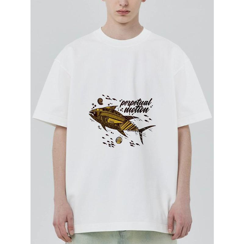 

Black T Shirt With Gold Fish And Perpetual Motion Text Design For Casual Wear XXXXL білий