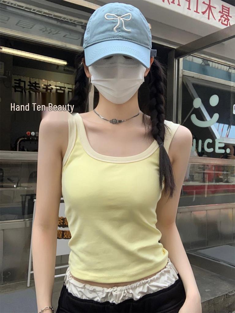 Summer Korean Slim-fit Square Neck Color-Contrast Vest with Chest Pads for Women