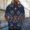 Men Plus Size Long Sleeve Drawstring Hoodie Blue White Printed Pullover With Kangaroo Pocket