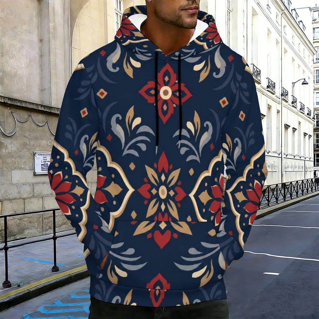 Men Plus Size Long Sleeve Drawstring Hoodie Blue White Printed Pullover With Kangaroo Pocket