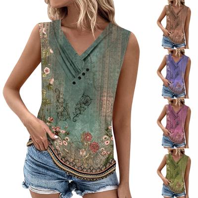 Summer Womens Tank Tops V Neck Casual Printed Sleeveless Shirts Casual Loose Fit Pleated Tshirts Tees Ladies Blouse