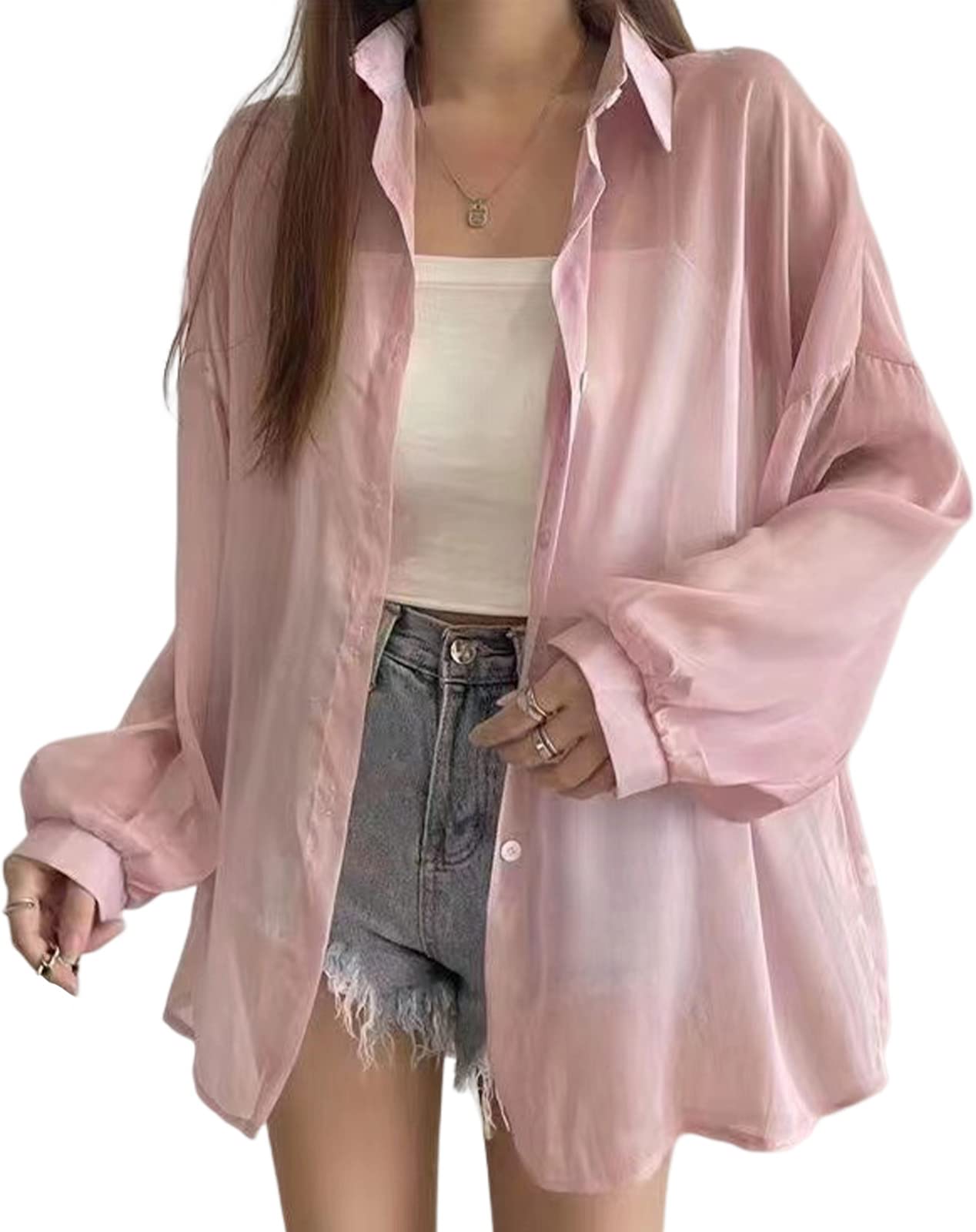 

Прозрачная рубашка летняя свободная длинная простая [J.STORE] рубашка, топ, женская, верхняя одежда, женская, лето, весна, весна/лето, одежда, корейская, тонкая, розовый