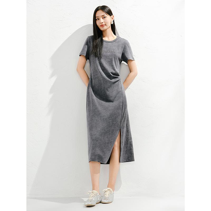 Jiuzi Anna Kou American Casual Age Reducing Hot Stamping Diamond Waist Slimming Loose Dress for Women 2025 Summer New Style