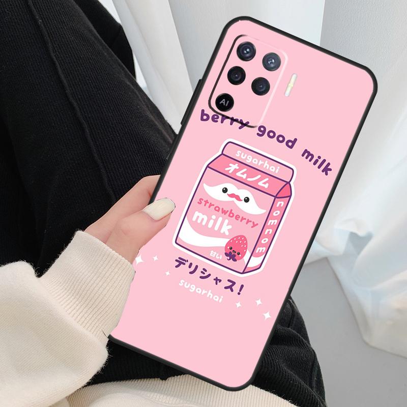 Kawaii Strawberry Milk Case For Oppo A18 A38 A58 A78 A98 A80 A60 A40 A96 A76 A16 A94 A74 A54 A15 A17 A57 A77 A5 Pro