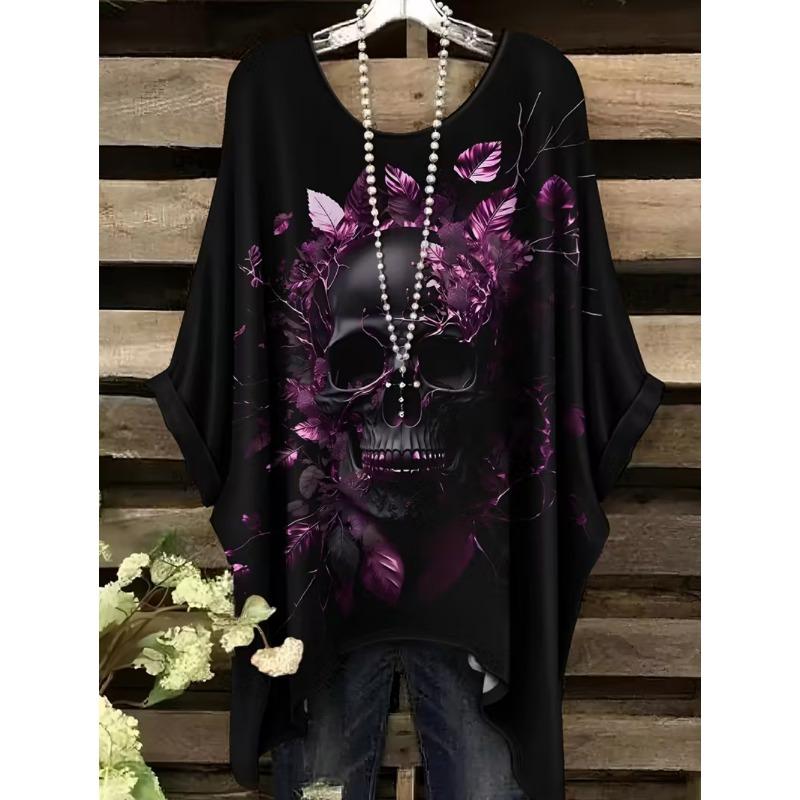 Damen T-Shirt Gothic Stil Bohemian Totenkopf Druck Locker Unregelmäßiger Saum Rundhalsausschnitt Kurzarm Shirt Oversize Y2k Sommerkleidung