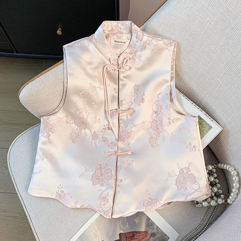 

Женский ретро жилет с жаккардовой вышивкой и застежкой на китайские пуговицы-лягушки, воротник-стойка - Высококлассный национальный стиль, весна 2025 L розовый