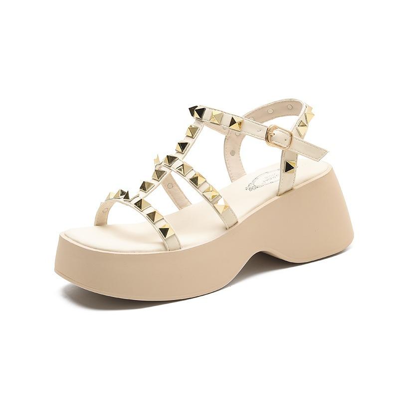 Summer New Casual Versatile One-word Buckle with Sandals Women's Rivets Flat-soled Thick-soled Open-toed Shoes