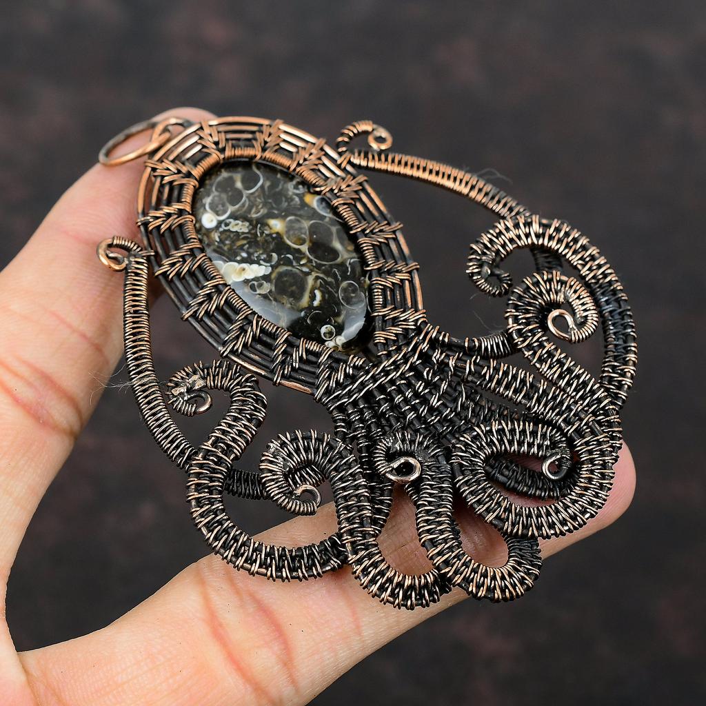 Turritella Agate Pendant Copper Wire Wrapped Pendant Octopus Pendant Genuine Gemstone Pendant Handmade Copper Wire Wrap Jewelry Gift For Mom