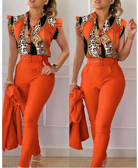Two Piece Sets Women Outfits Elegant Single Breasted Short Sleeve Top Work Pants Casual Suit