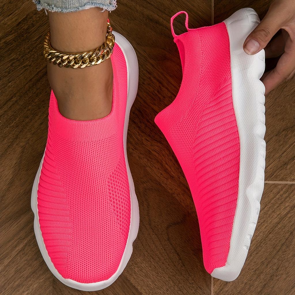Women's Breathable Knit Sneakers, Casual Slip On Outdoor Shoes, Lightweight Low Top Trainers Plus Size