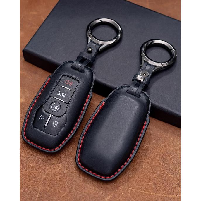for Ford and for Lincoln Key Fob Cover Leather Car Key Chain Case Holder Compatible for Explorer Mustang Edge Fusion F150 MKZ MKC -Black