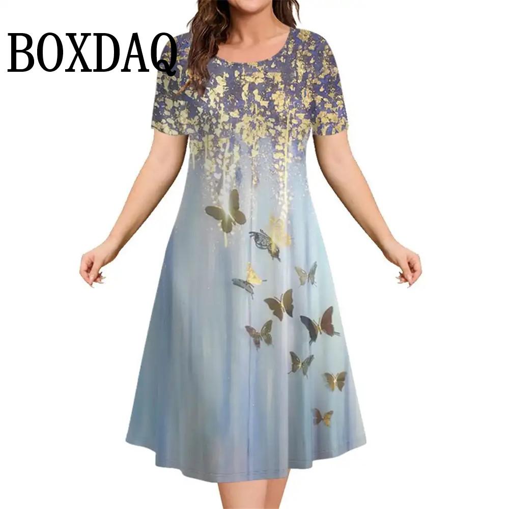 Fashion Elegant Women’S Dresses Loose A-Line Dress Women Short Sleeve Dress Flowers Print Casual Ladies Plus Size Clothing