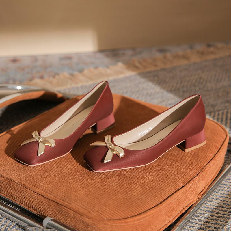 Square head thick heel temperament bow high heel versatile women's casual shoes middle heel comfortable women's shoes
