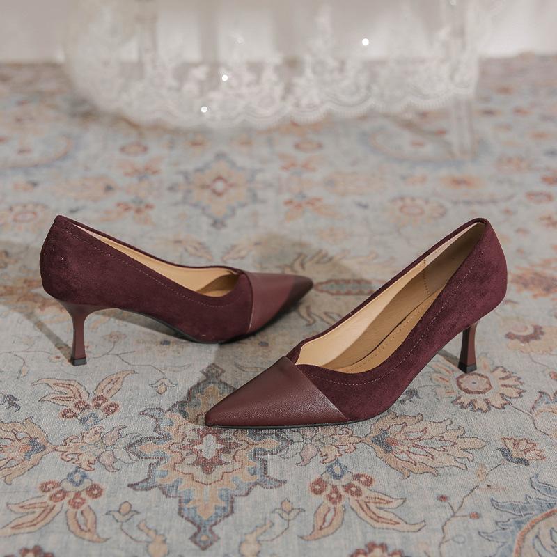French retro chestnut V-mouth leather splicing high heels stiletto pointed temperament elegant suede banquet single shoes women