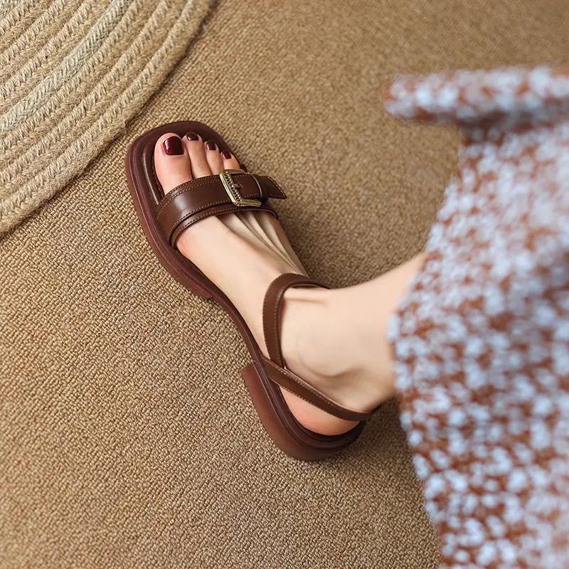 Fashion Flat Leather One Word Buckles Summer 2024 Sandals For Woman Footwear Open Toe With Low Heels Women's Shoes Young On Sale Offer H