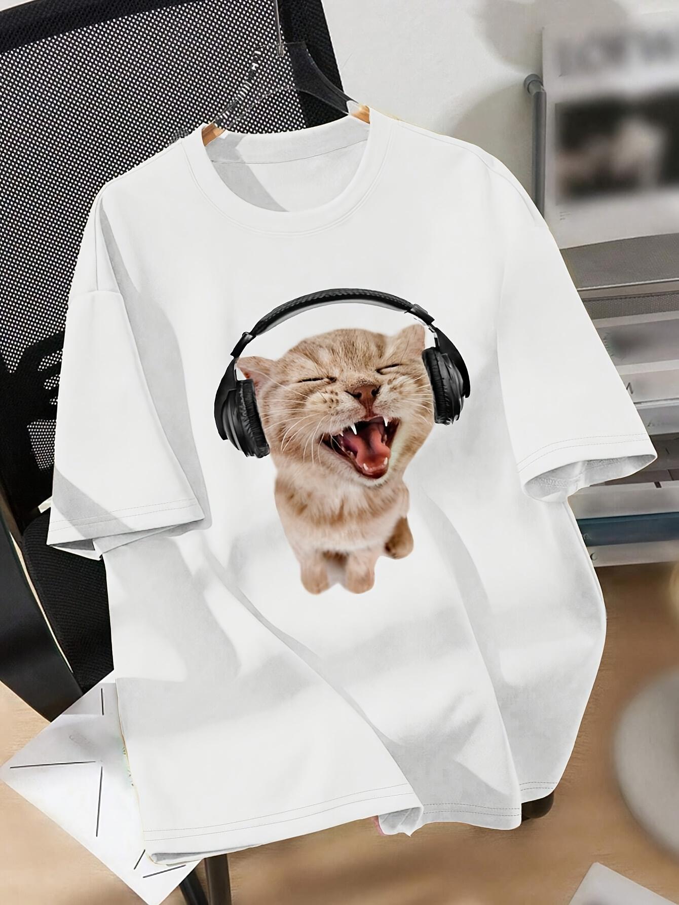 

Women S Funny Cat with Headphones T-Shirt Casual Crew Neck Short Sleeve Tee Summer Knit Fabric Top Regular Length 4XL