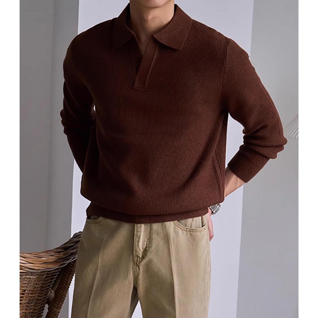 Men's Heavyweight V-Neck Knit Pullover Sweater - Autumn/Winter Warm Long Sleeve Polo Outerwear
