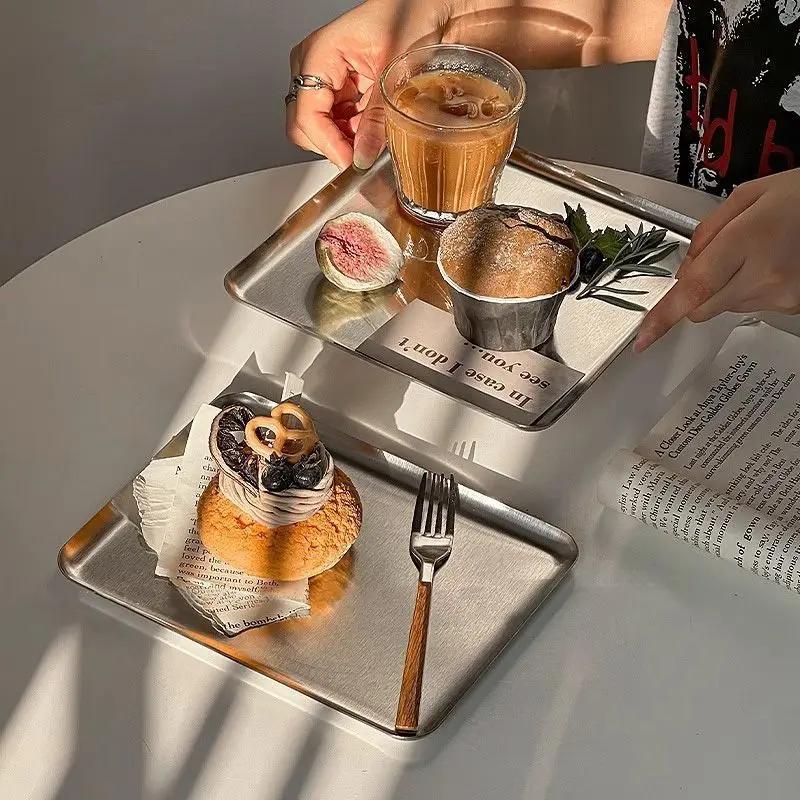 Nordic Stainless Steel Rectangular Coffee Shop Pallet Storage Disk Net Snack Cake Dish Dining Dessert Plate Kitchen Dish Tray