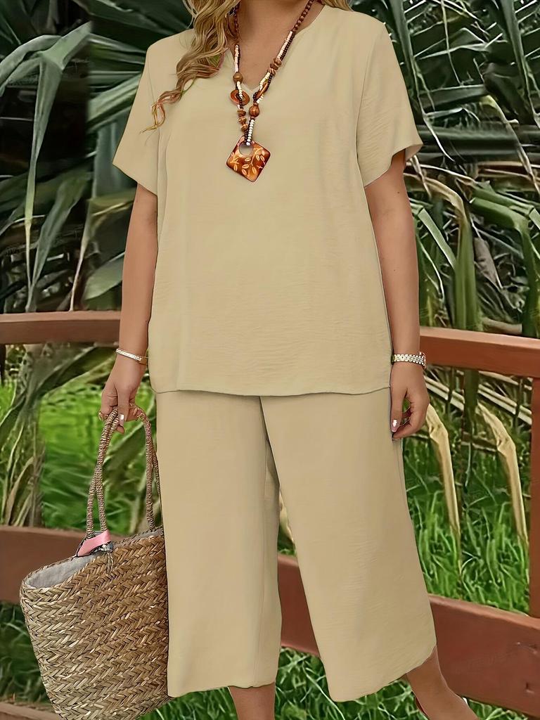 Women's Plus Size Elegant V-Neck Short Sleeve Top and Wide-Leg Pants Set - Solid Colors for Spring, Summer, and Autumn.
