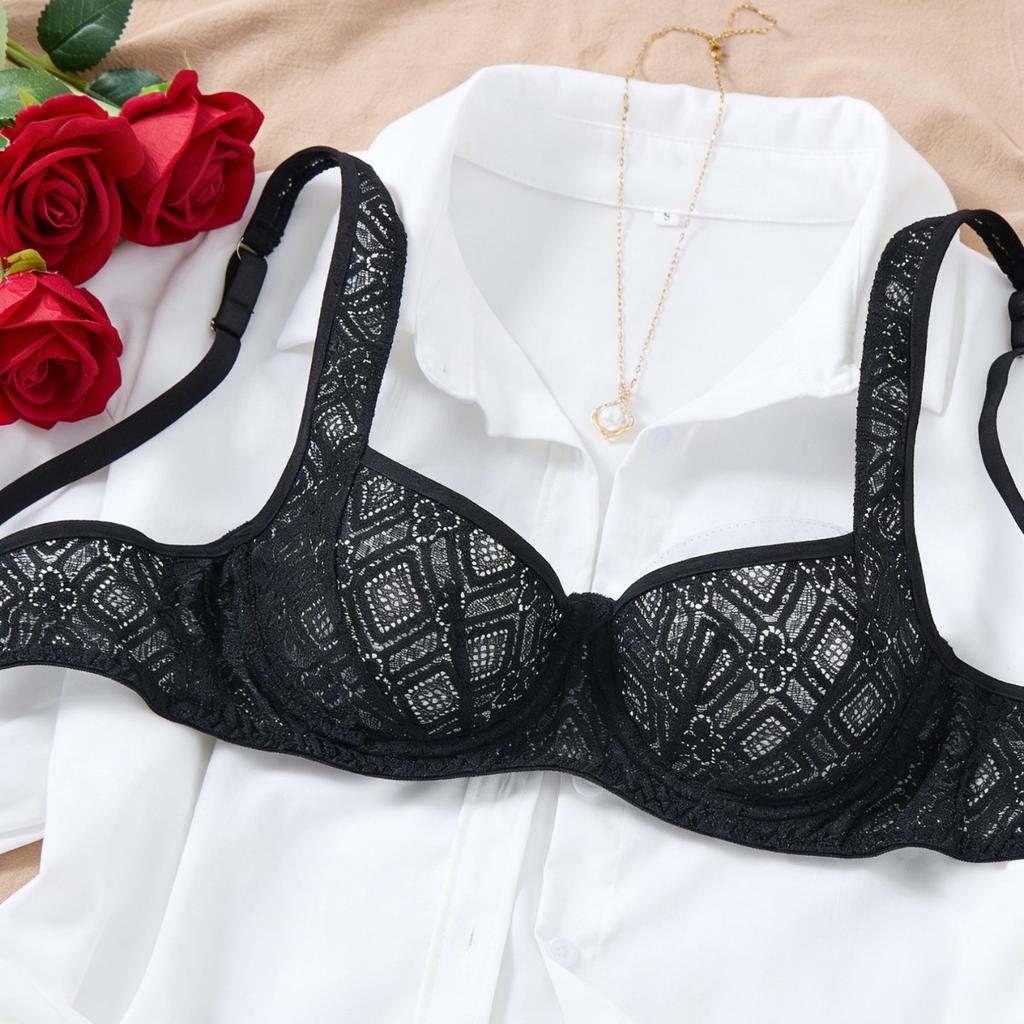French Lace Bra Women's Black Embroidered Underwear Thin Sexy Upper Breast 1/1 Cup