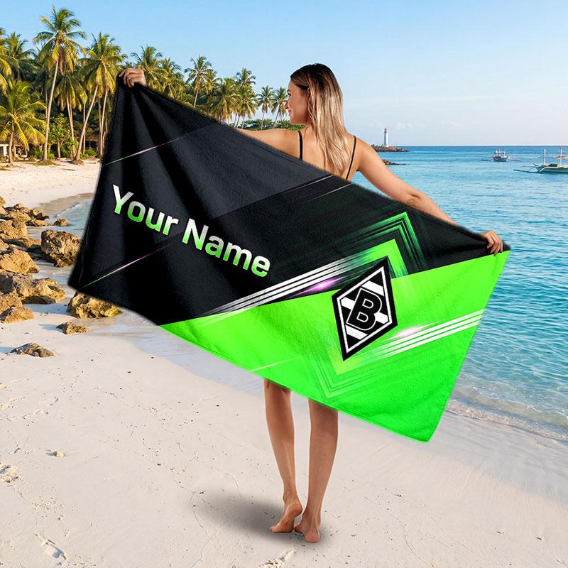 Borussia Mönchengladbach Custom Beach Towel, Personalized Name Text Print, Football Logo Soft Quick‑Dry Towel Holiday Gift