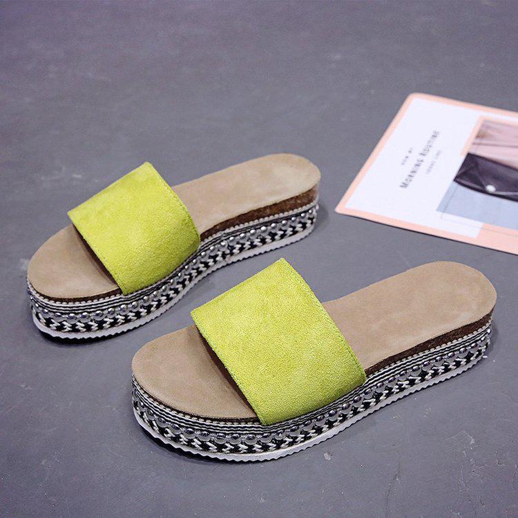 Sandals Slippers Female 2026 Summer Fashion Rhinestone Suede Flat With Muffin Bottom Outside Wear A Word Slippers