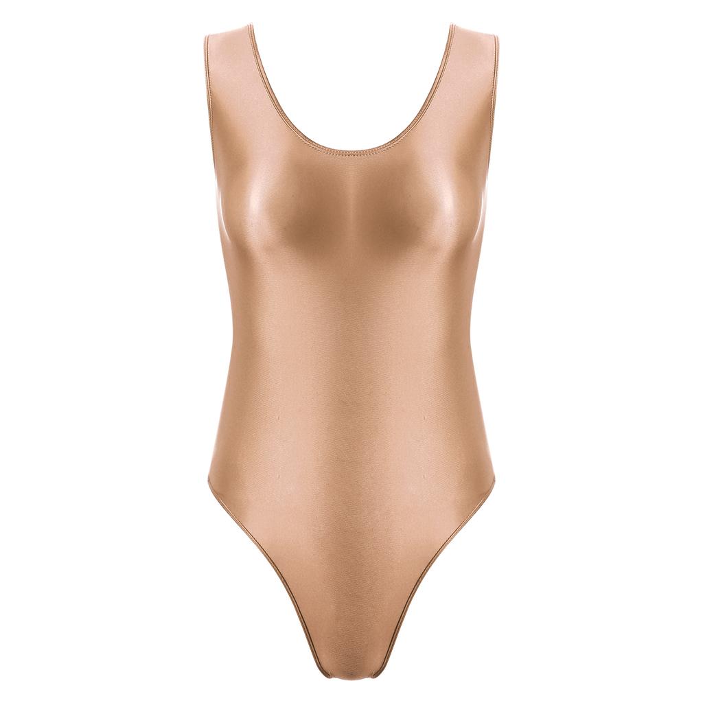 Womens Backless Glossy Bodysuit High Cut Swimwear Sleeveless Leotard for Pool Yoga Sports