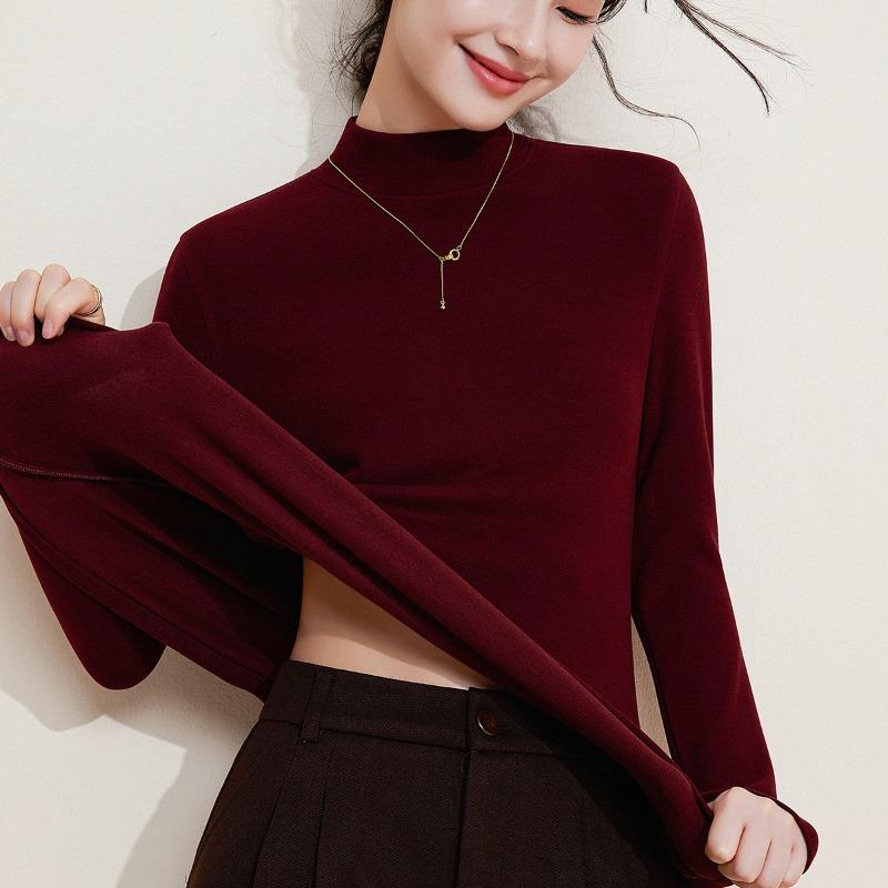 Semi-turtleneck silk warm clothes women's top with fleece thickened inner wool bottoming shirt warm fleece heating middle collar autumn clothes