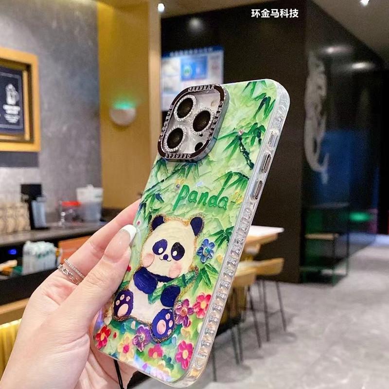 

Бамбуковая Панда Подходит для Apple 16pro Blu-ray Мультяшный Чехол для Мобильного Телефона Масляная Живопись iPhone 15 Чехол для Объектива с Блестками 14 iPhone15