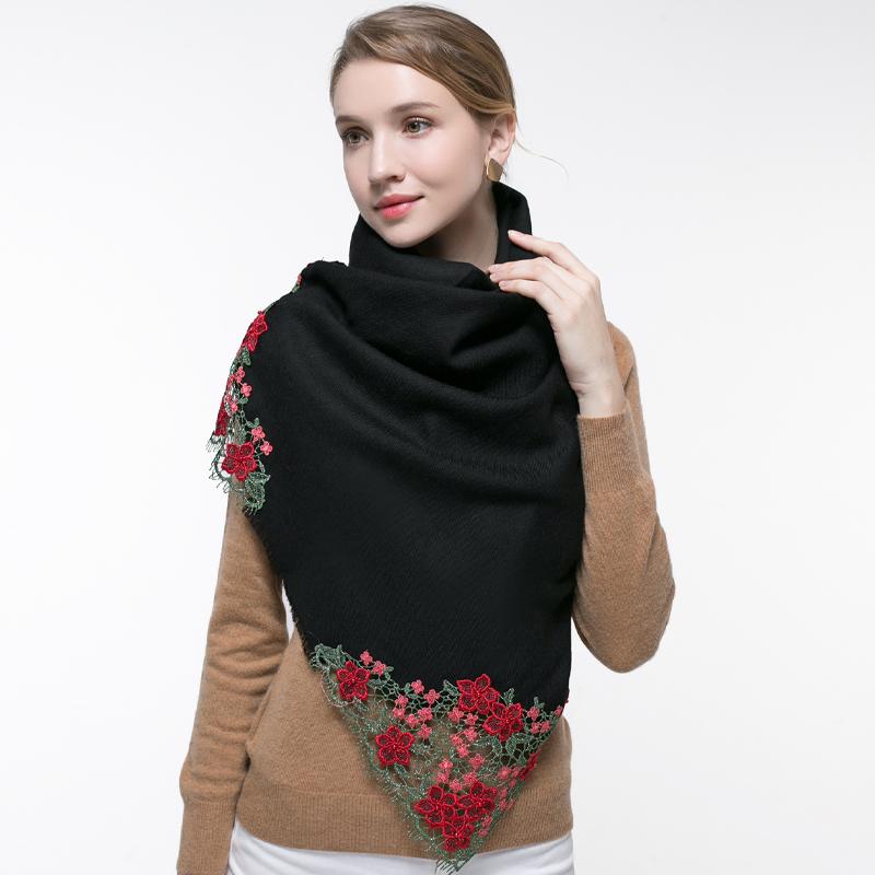 100% Real Wool Pink Scarf Women For Winter Femme Shawls Wraps Warm Wool Pashmina For Ladies Flower Embroidery Cashmere Scarf