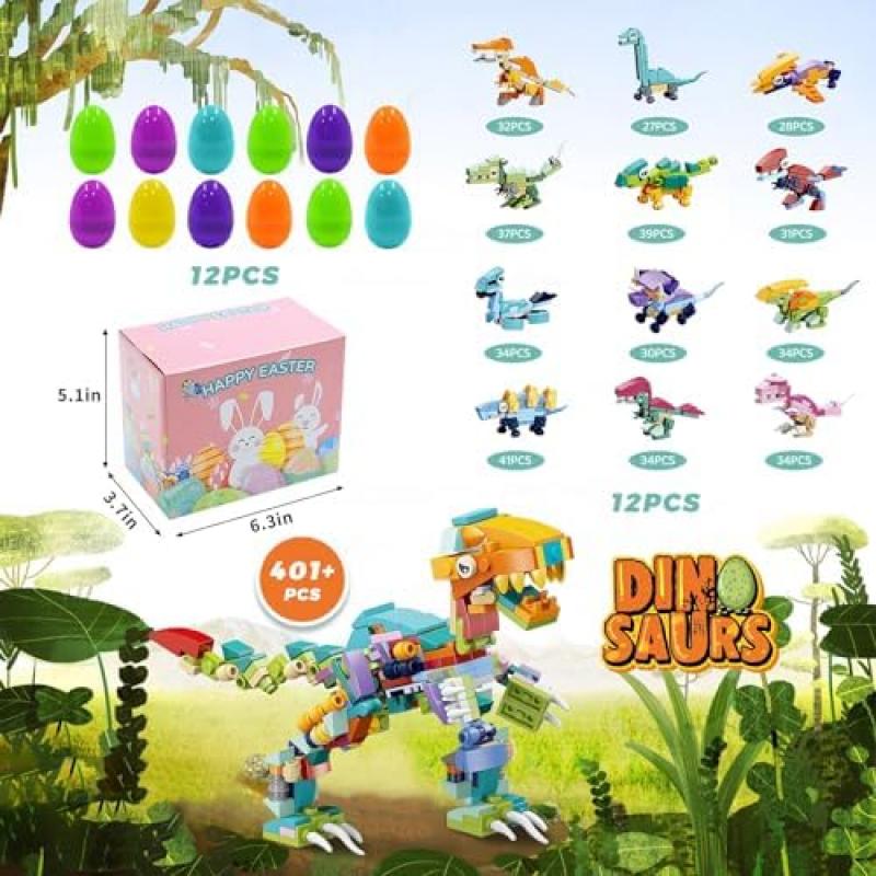 Prefilled Dinosaur Easter Eggs, 12-in-1 DIY Dino Building Toy Set, Fillable Easter Basket Stuffers Kids Toys for Boys and Girls